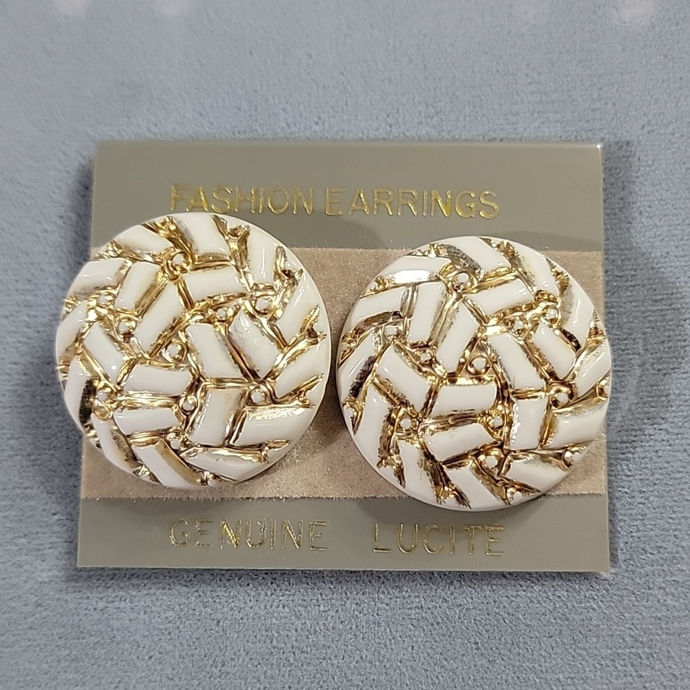 Lucite White and Gold Dome Pierced Stud Vintage Earrings